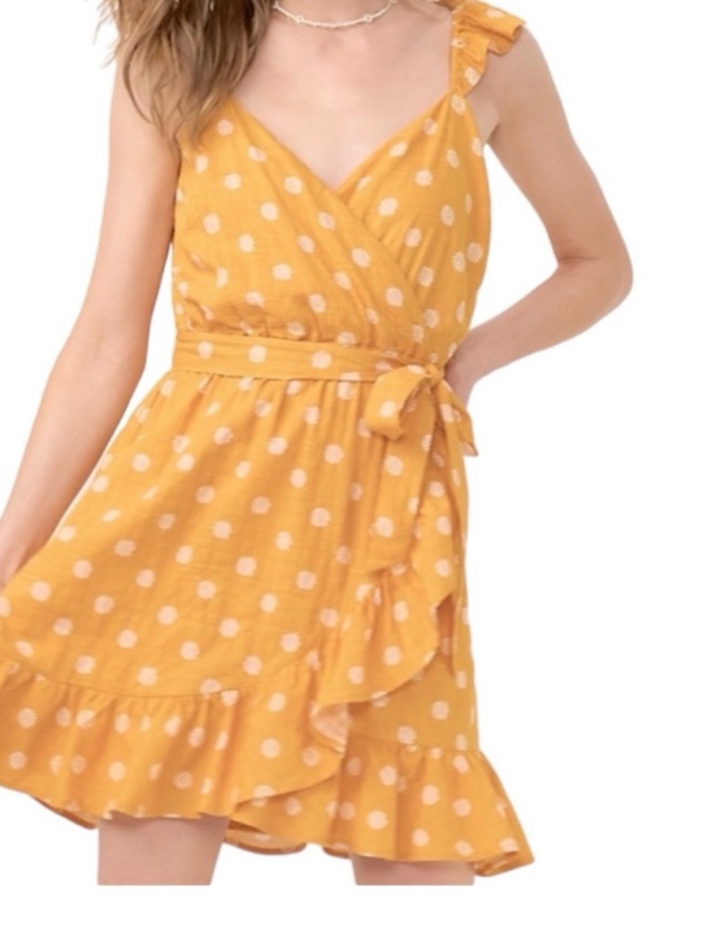 LC Lauren Conrad Yellow Polka Dot Wrap Dress with Ruffle Hem